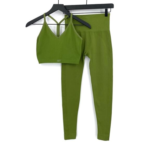 SET ACTIVE Sculptflex Seamless Leggings Ribbed V Bra Green Juice S/M